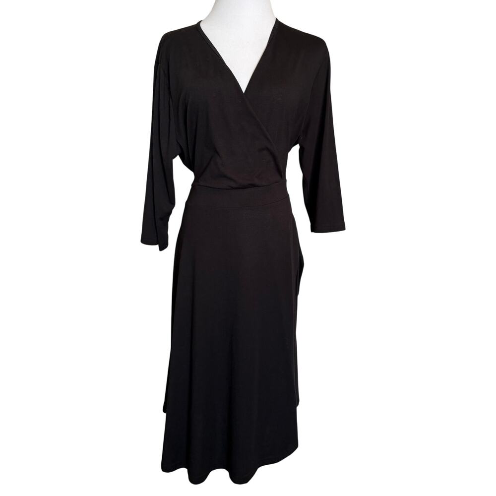 Black surplice dress midi tie waist 3/4 sleeve size 18